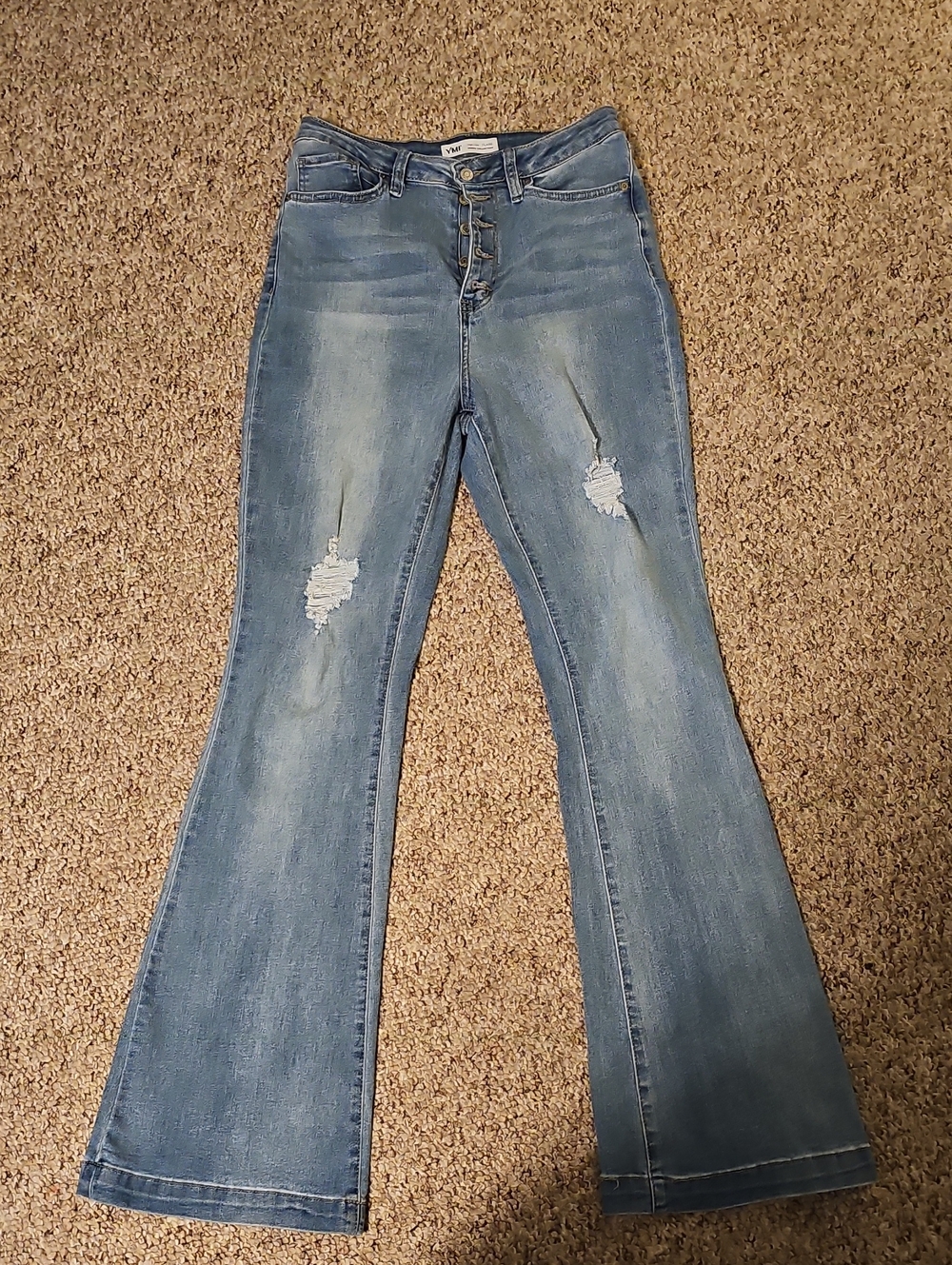 Light Wash Button-Fly Flared Jeans with Knee Distressing